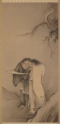 Die chinesischen taoistischen Unsterblichen, Han-shan und Shih-te Kanzan und Jittoku, Meiji-Ära, 1886