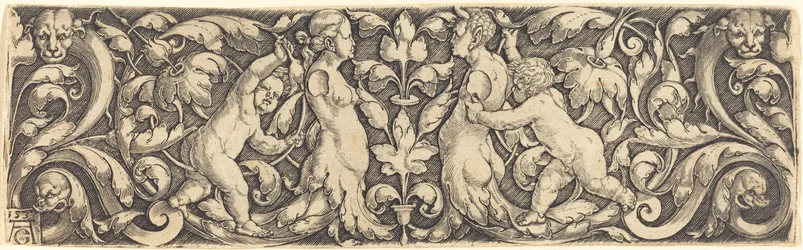 Kreuzpaneel mit Weinrebe in der Mitte und Tritonenpaar, 1537