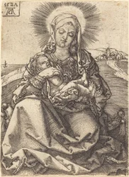 Madonna in einer Landschaft auf einem Kissen sitzend