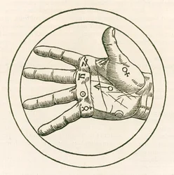 Die Hand der Handlesekunst, Kupferstich aus Heinrich Cornelius Agrippa von Nettesheims (1486-1535) „De occulta philosophia libri tres“ („Drei Bücher über okkulte Philosophie“), veröffentlicht 1533.