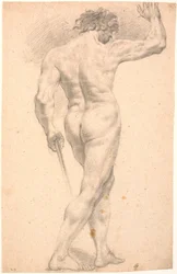 Stehendes männliches Modell, von hinten gesehen, mit erhobener rechter Hand