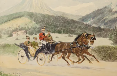 Kaiser Franz Joseph I. von Österreich und Erzherzog Franz Ferdinand in einer Kutsche, 1900er-1910er Jahre