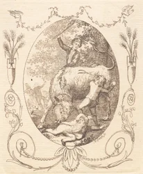 Ein Stier stößt nach einem liegenden Jungen, den zwei Kameraden zu helfen versuchen