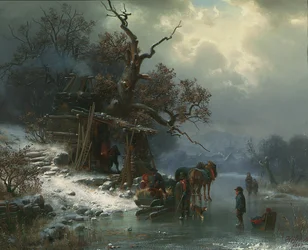 Winterlandschaft mit Figuren auf einem zugefrorenen Fluss, 1867
