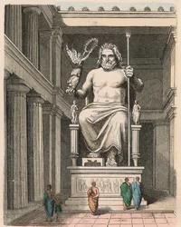 Antikes Griechenland: Zeusstatue im Tempel von Olympia - Skulptur von Phidias, ca. 440/30 v. Chr., eines der Sieben Weltwunder
