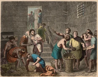 Das antike Rom: Verteilung von Speisen an Sklaven am Abend, 1866