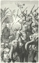 Porus, König der Pauravas, inspiziert seine Kriegselefanten (Gravur)