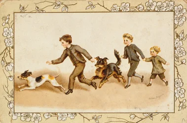 Grußkarte mit Kindern, die mit ihren Hunden spielen