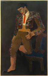 Torero mit einem Knie sich auf einen Stuhl stützend