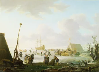 Eine weite Landschaft mit Schlitten und Schlittschuhläufern mit einem im Eis eingeschlossenen Schiff