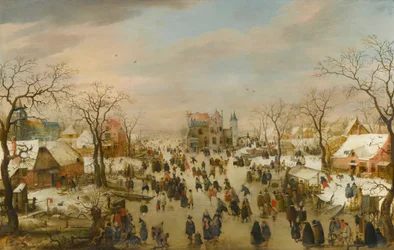 Panorama-Winterlandschaft mit vielen Figuren auf einem zugefrorenen Fluss