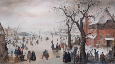 Winterlandschap met schaatsers bij een dorp