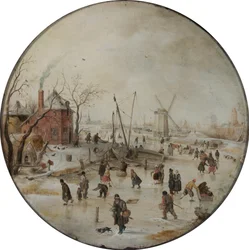 Gefrorener Fluss mit Schlittschuhläufern