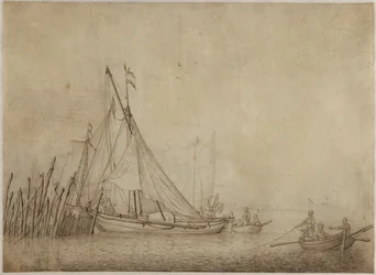 Schiffe an einem Fischwehr mit einer Stadt im Hintergrund