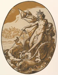Tethys, in einem riesigen, von zwei Meereswesen gezogenen Muschelwagen liegend, aus „The Deities“