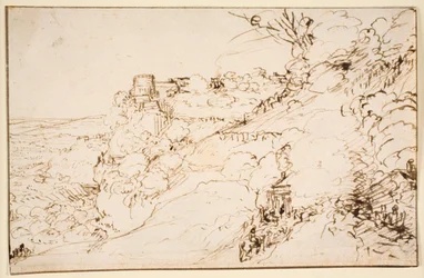 Landschaft mit burgähnlichem Gebäude auf Bergvorsprung