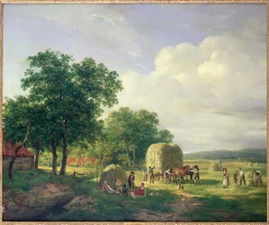 Eine bewaldete Landschaft mit Heuarbeitern