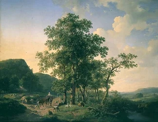 Waldlandschaft mit Bauern und Tieren