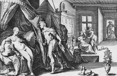 Merkur betritt Herses Zimmer, nachdem er Agraulos in Stein verwandelt hat, aus Ovids Metamorphosen, Buch II - Anonym, Niederländisch