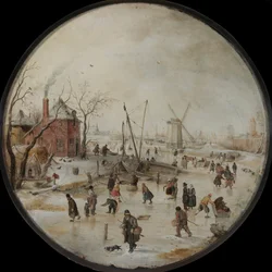 Gefrorener Fluss mit Schlittschuhläufern