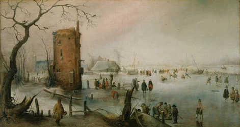 Schlittschuhlaufen in der Nähe einer Stadt, um 1610–20