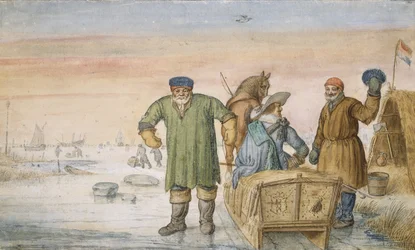 Zwei alte Männer neben einem Schlitten mit den Wappen von Amsterdam und Utrecht, 1620-33