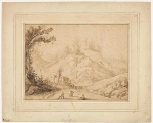 Berglandschaft mit Figuren auf einem Weg bei einem Gasthaus