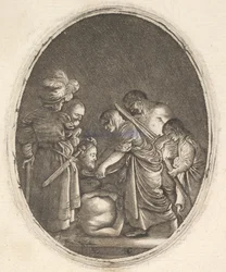 Salome empfängt den Kopf von Johannes dem Täufer, umgeben von drei Männern und einem Kind ..., ca. 1610