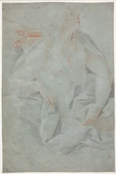 Halbnackte drapierte Frau, die eine Maske hält. "Enthüllung der Wahrheit"