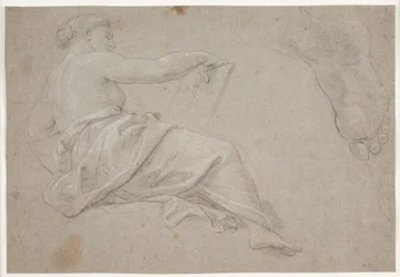Halbliegende, drapierte Frauengestalt mit einem Buch. Studie eines Fußes