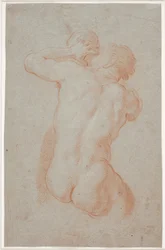 Triton, der eine Muschel bläst, von hinten gesehen