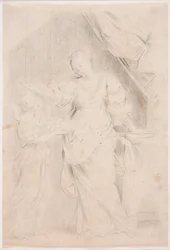 Stehende Frau mit der linken Hand auf einem Buch. Links bringt ein Jüngling ihr eine Schale mit Früchten, die sie ablehnt