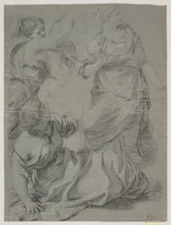 Drei drapierte Frauenfiguren und skizzierter Kopf und Oberkörper einer vierten