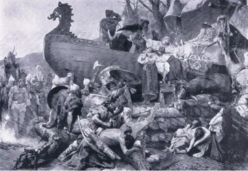 Einäscherung eines Häuptlings im östlichen Russland im zehnten Jahrhundert (Illustration aus Landmarks in European History)