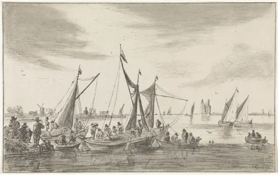 Flusslandschaft mit Segelschiffen