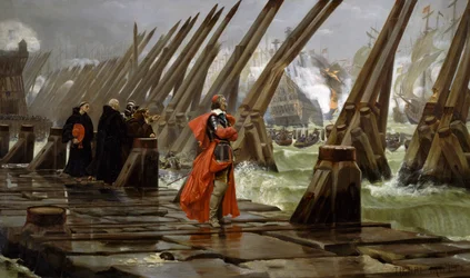 Richelieu (1585-1642) auf der Seemauer bei La Rochelle