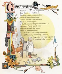 Buchstabe G Großzügigkeit - Gendarm Kran Wespe Becher Levkoje Kürbis Frosch - Gravur in "Alphabet der guten Beispiele" - Jules Levy, Herausgeber - Illustrationen von Henri Boulanger, alias Henri Gray (1858-1924). Texte (Gedichte) von Mme P. Boulanger - Gra