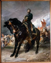 Revolution von September (Gloriosa): General Juan Prim reitet vor Madrid an der Spitze der Aufständischen der spanischen Revolution am 8. Oktober