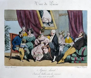 Humorvolle Darstellung des Verhaltens und der Gespräche der Gäste nach dem Abendessen, Karikatur für 
