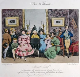 Humorvolle Darstellung des Verhaltens und Gesprächs der Gäste vor dem Abendessen, graviert von François Séraphin Delpech (1778-1825)