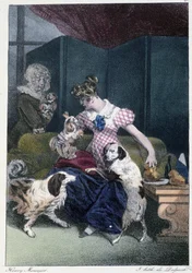 Junges Mädchen mit Hunden: „Jeder nimmt sein Vergnügen, wo er es findet“ - in „Les Pastemps“ von Henri Monnier, ed. Delpech, Paris