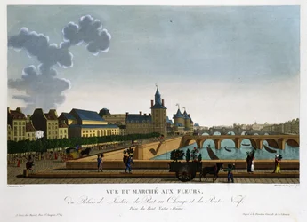 Ansicht des Blumenmarktes, der Wechselbrücke und der neuen Brücke - in „Vues de Paris“ von Courvoisier