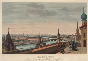 Blick auf Moskau vom Balkon des Kaiserpalastes, Russland. Gravur von Henri Courvoisier-Voisin (1757-1830) - 1812