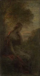 Junge Frau unter einem Baum bei Sonnenuntergang