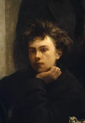 Ein Tischwinkel, Detail. Porträt von Arthur Rimbaud (1854-1891), französischer Dichter.