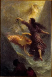 Die Rheintöchter oder Das Rheingold, Darstellung der Nixen, gespielt vom Zwerg Alberich nach Richard Wagners Oper „Das Rheingold“