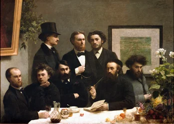 Tischecke: von links nach rechts: Paul Verlaine, Arthur Rimbaud, Elzear Bonnier, Leon Valade, Emile Blemont, Jean Aicart, Ernest d
