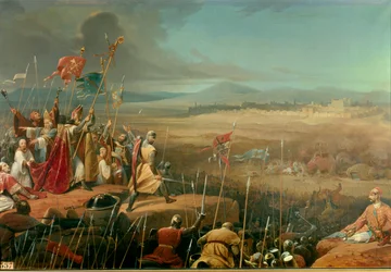 Erster Kreuzzug: „Schlacht unter den Mauern von Antiochia zwischen den von Bohemund (Bohemund von Tarent oder Hauteville oder Bohemund I. von Antiochia der Große, 1054-1111) befehligten Kreuzfahrern und dem Heer Karboukas (= Kerbogha, gestorben 1102)