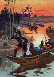 René Robert Cavelier de La Salle (1643-1687), französischer Entdecker, und seine Gefährten fahren für Frankreich den Mississippi hinab