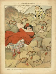 Illustration von Henri Gousse (1872-1914) in Le Rire, 03/04/09 - La France en lethargie - Sozial, Streik, Postdienst - Clemenceau George, Marianne